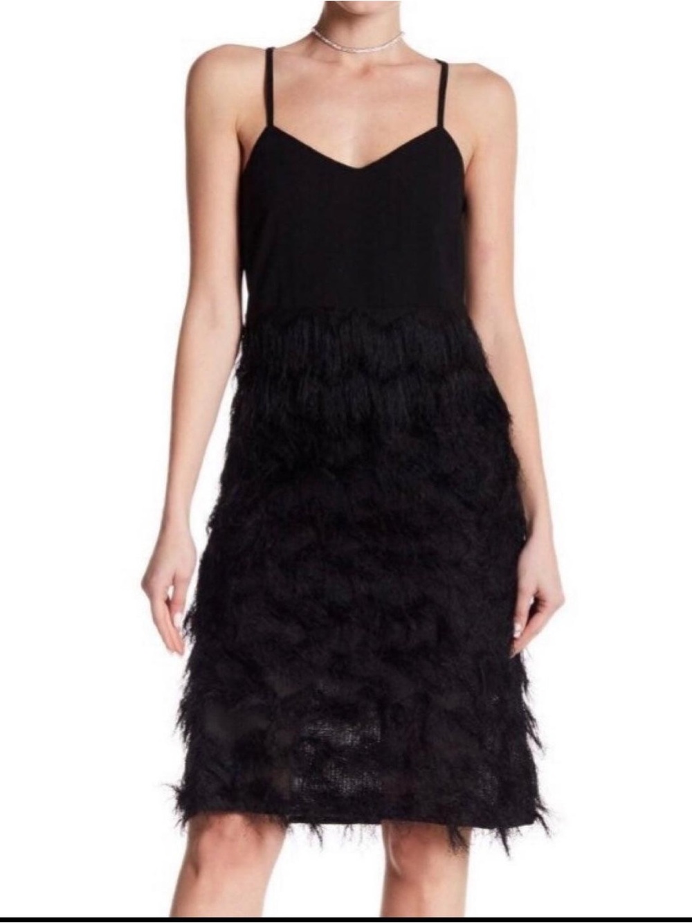 NWT Free Generation Los Angeles Black Strappy Plunge Fringe Dress Size S